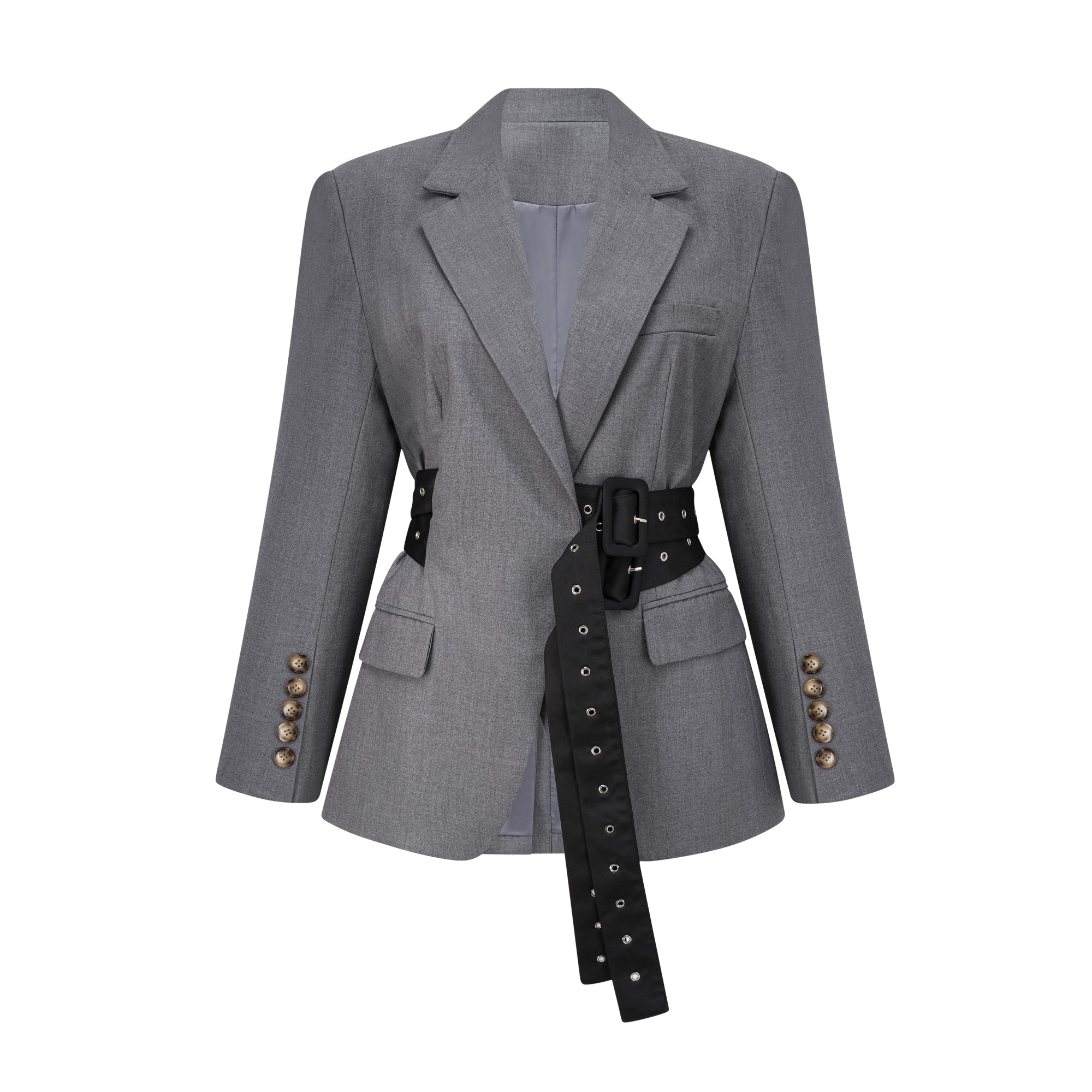 Women's structured belted waist blazer with notched lapels and long sleeves