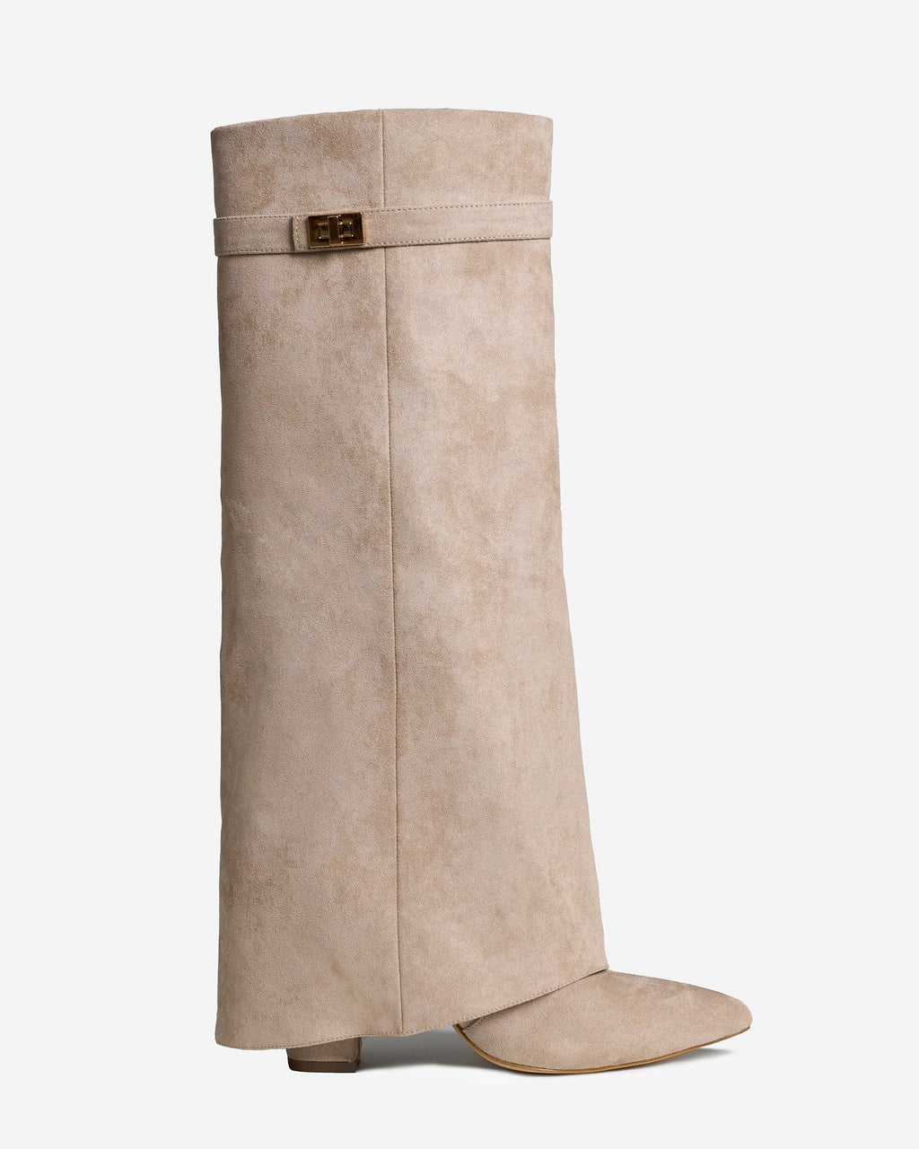 Women's beige knee-high boots with pointed toes and buckle straps