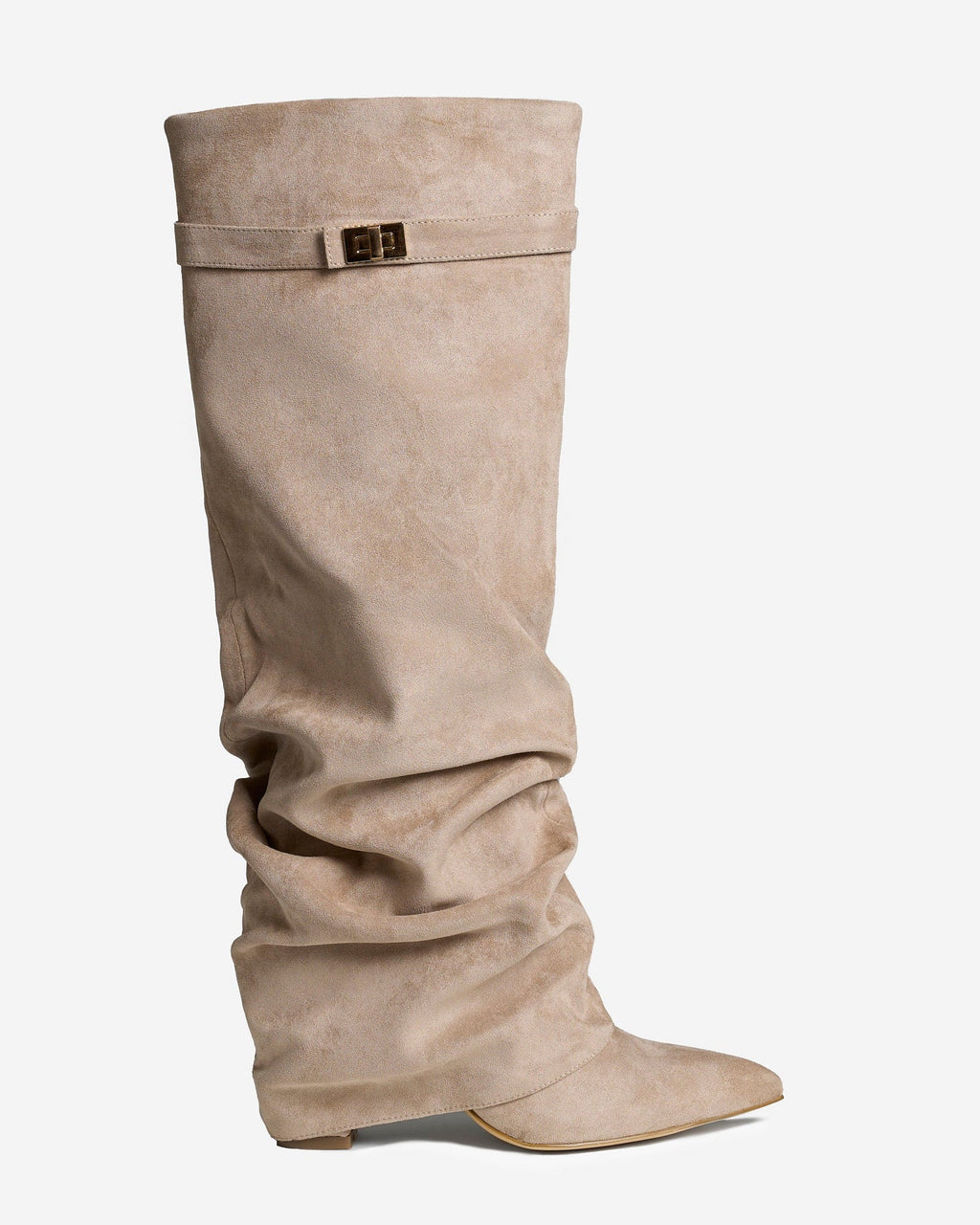 Women's beige slouchy knee-high boots with buckle strap