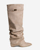 Women's beige slouchy knee-high boots with buckle strap