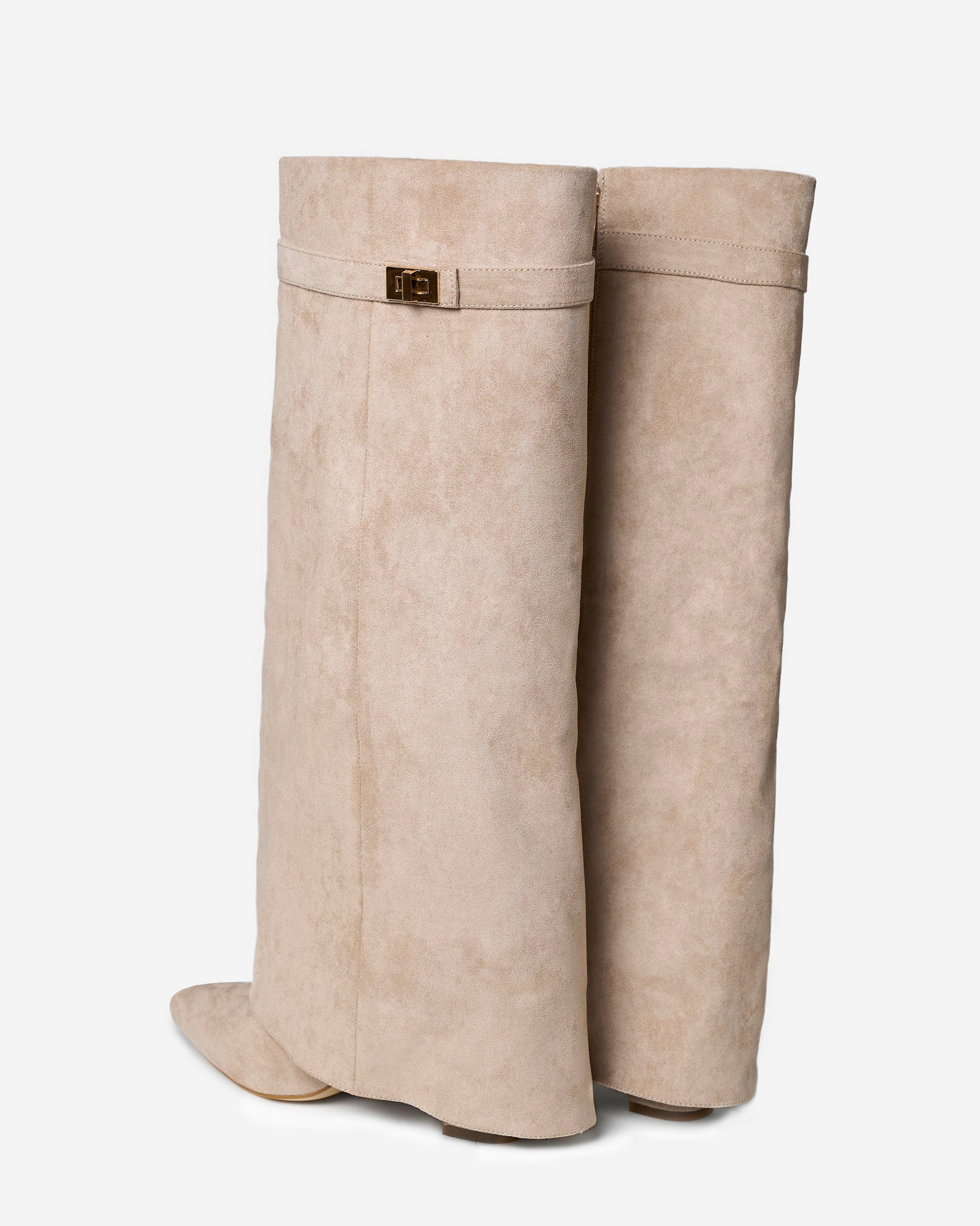 Women's beige knee-high boots with pointed toes and buckle straps