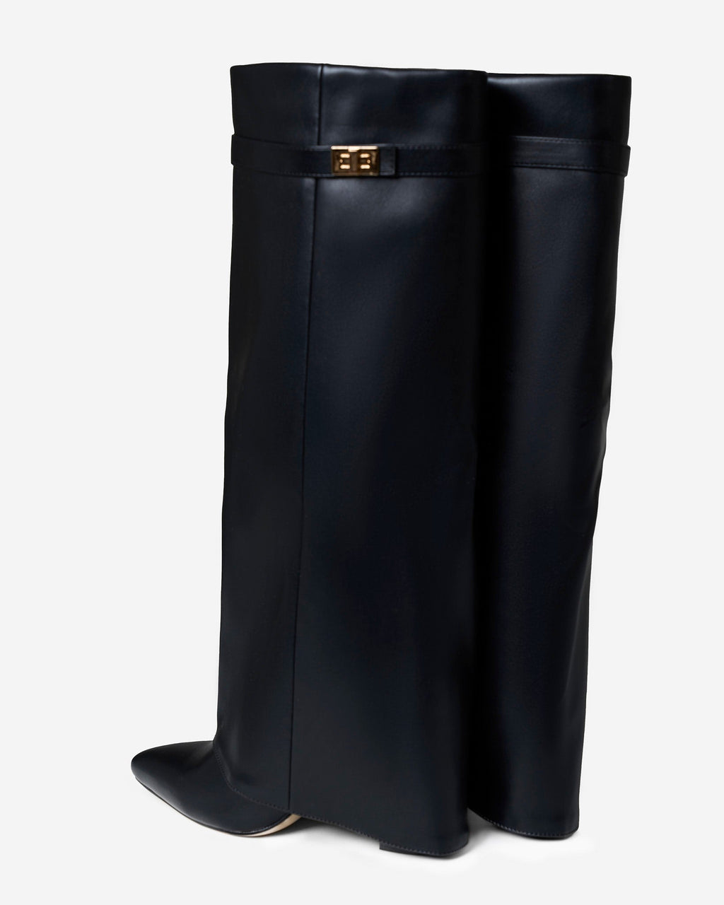 Women's black knee-high boots with pointed toes and buckle strap