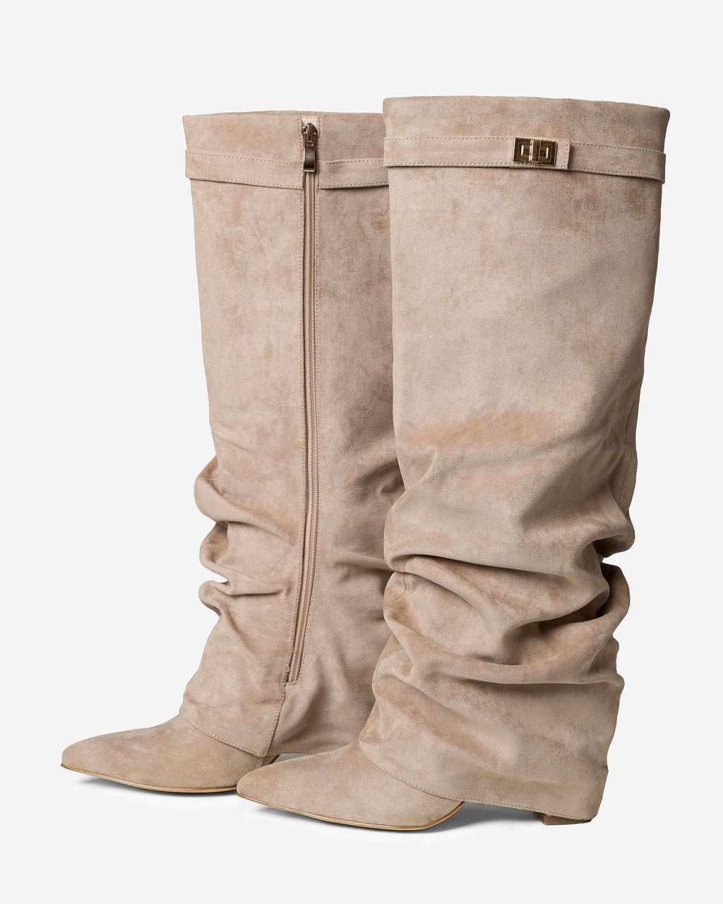 Women's beige slouchy knee-high boots with buckle strap
