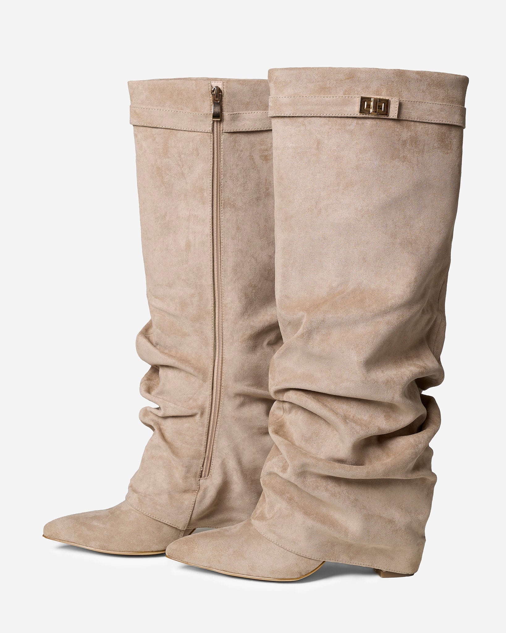 Women's beige slouchy knee-high boots with buckle strap