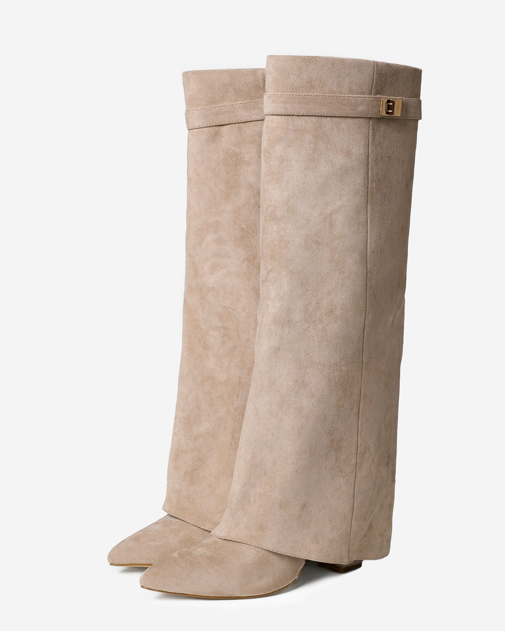Women's beige knee-high boots with pointed toes and buckle straps