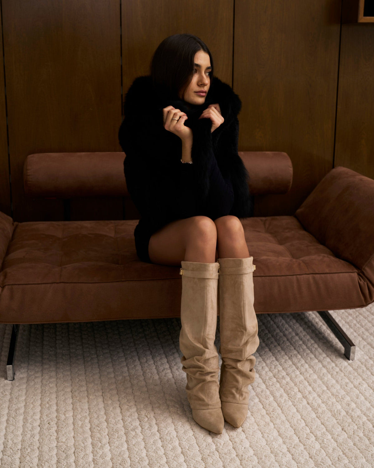 Women's beige slouchy knee-high boots with buckle strap