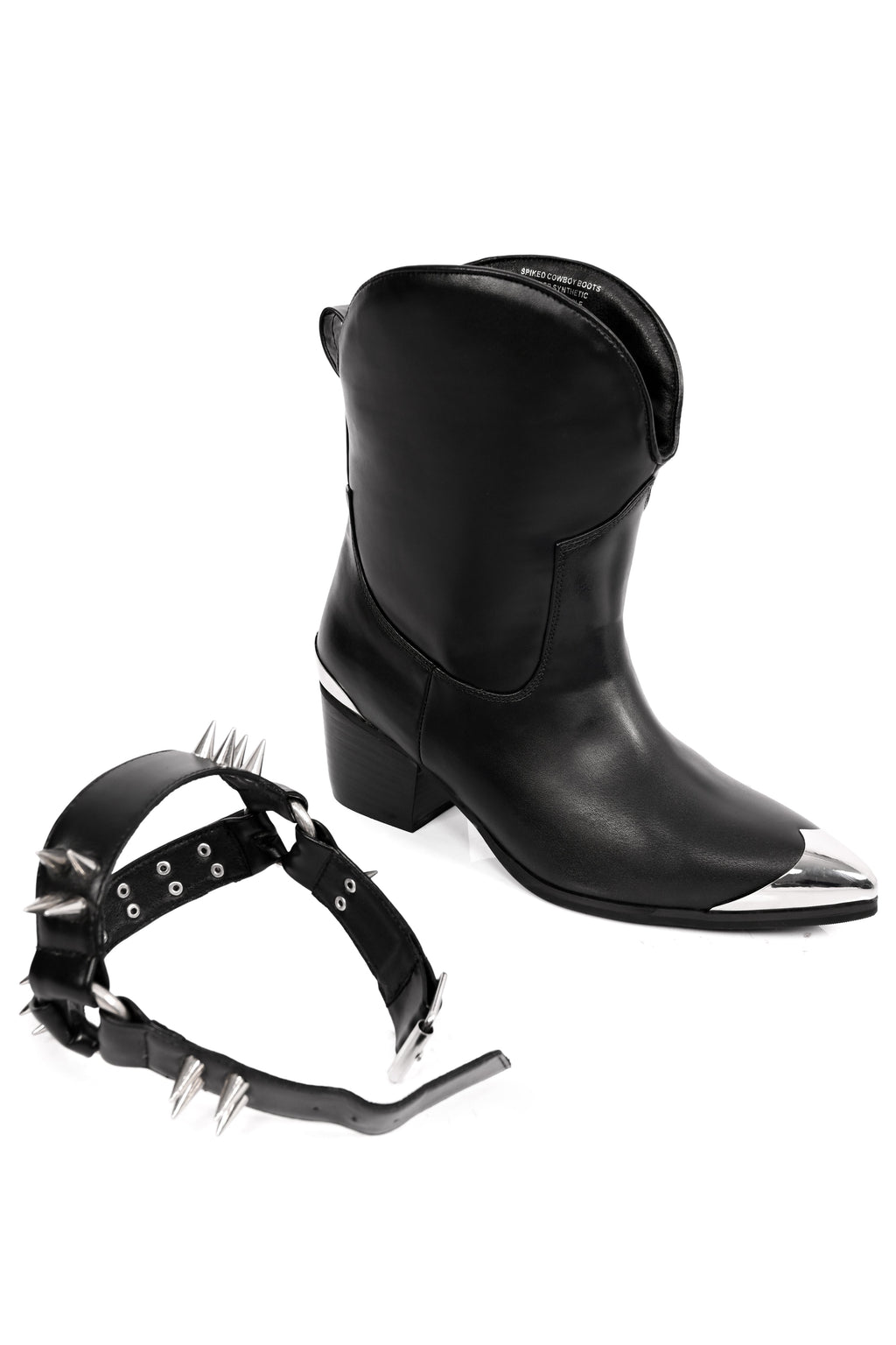 Women's black cowboy boots with silver toe caps and spiked straps