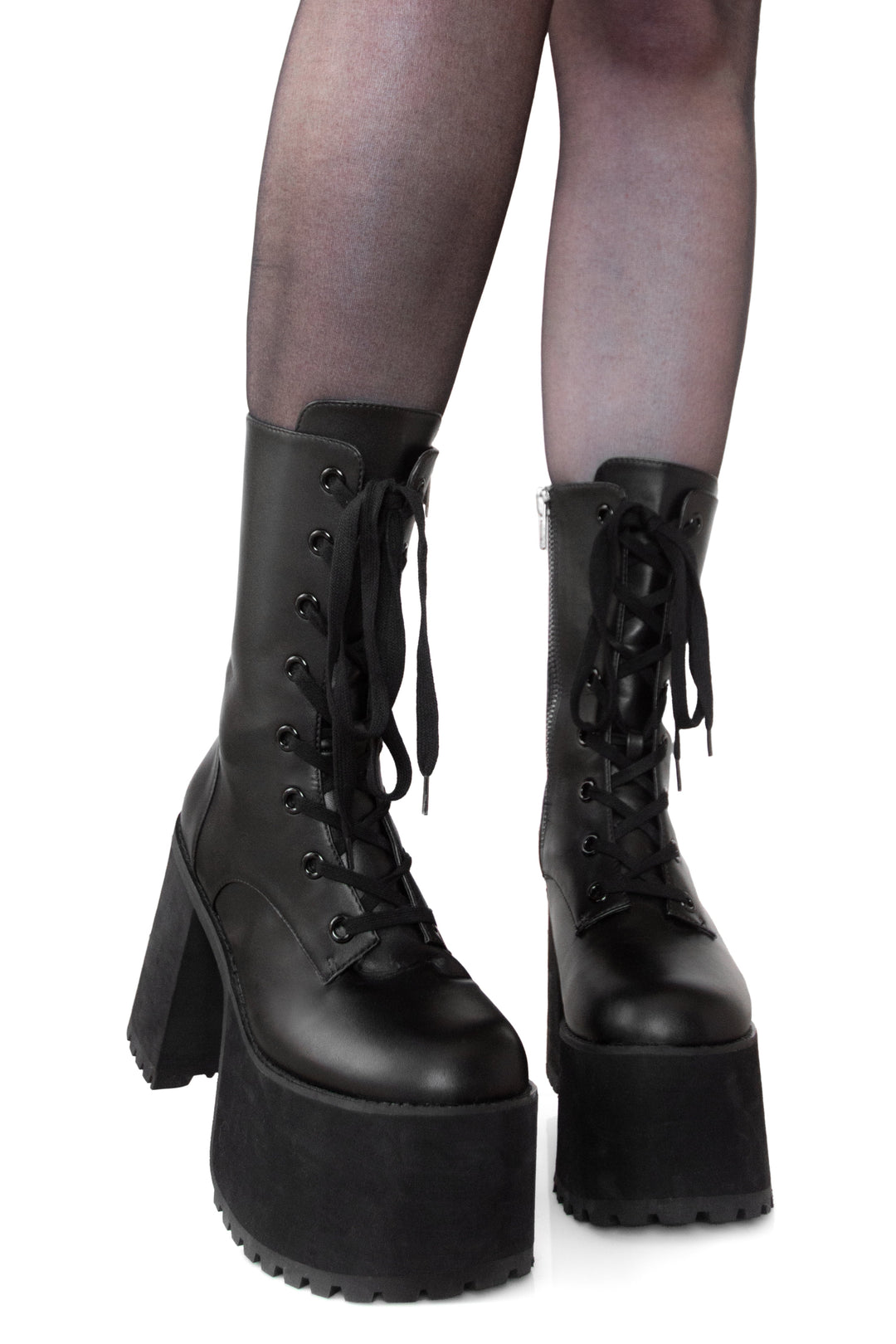 Black women's platform combat boots with laces and side zips