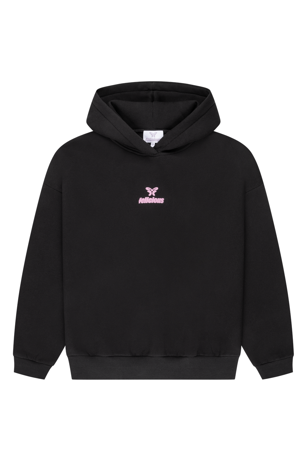 Women's black cropped hoodie with pink chest logo