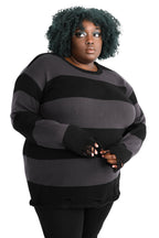 Unisex black and grey striped knit sweater with distressed hem