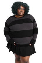 Unisex black and grey striped knit sweater with distressed hem