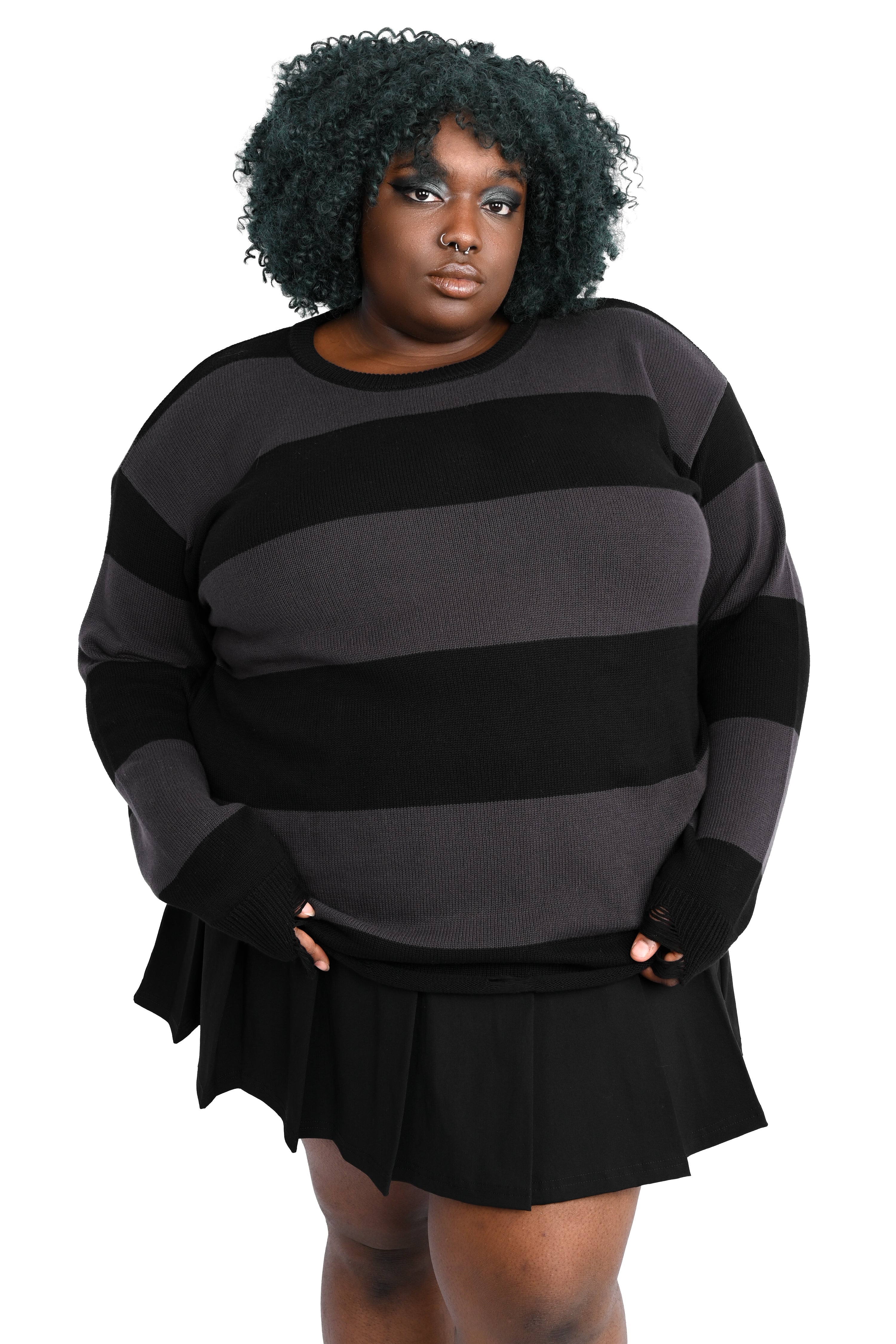 Unisex black and grey striped knit sweater with distressed hem