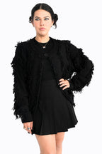 Women's black shaggy open-front cardigan with long sleeves