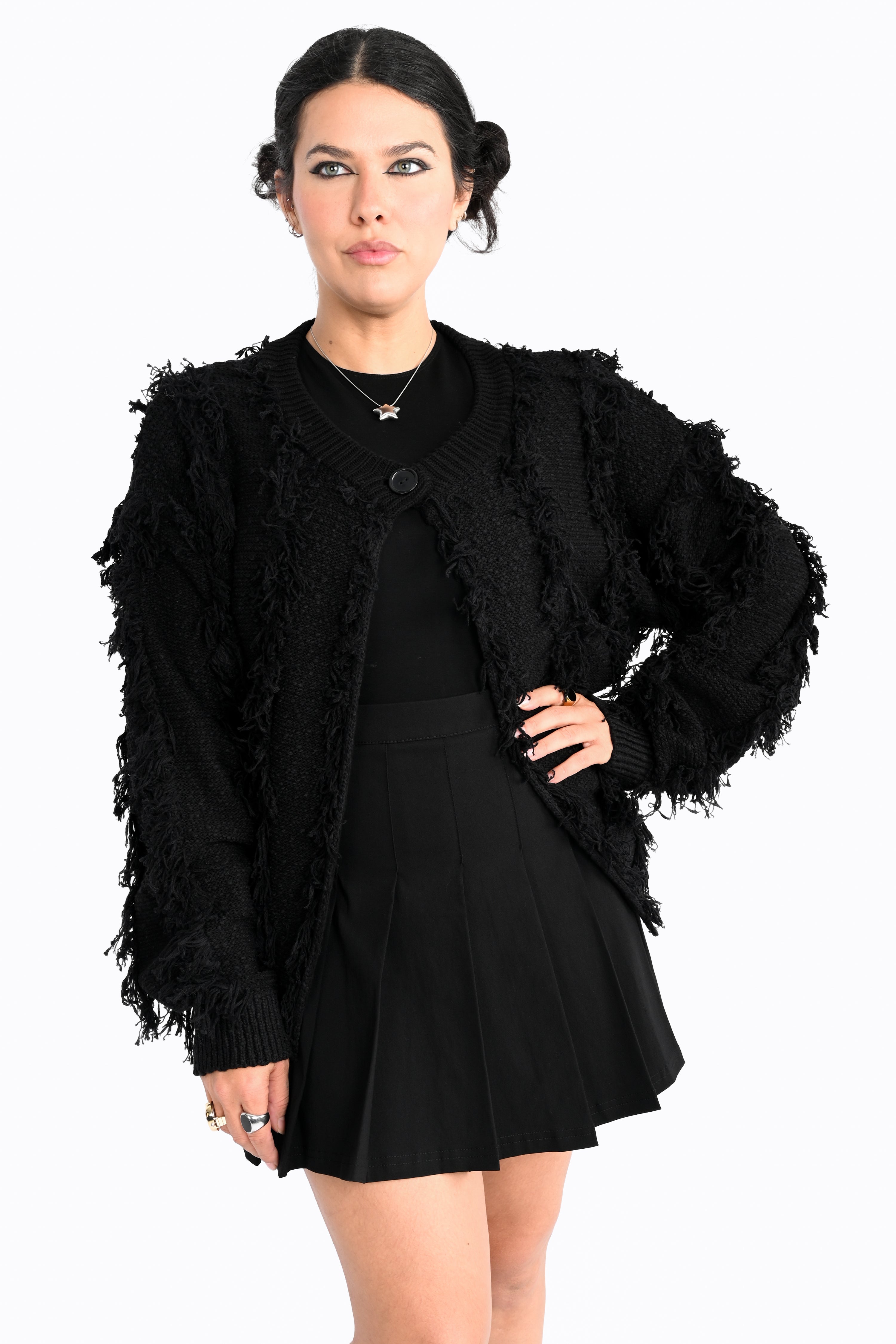 Women's black shaggy open-front cardigan with long sleeves
