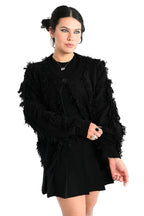 Women's black shaggy open-front cardigan with long sleeves