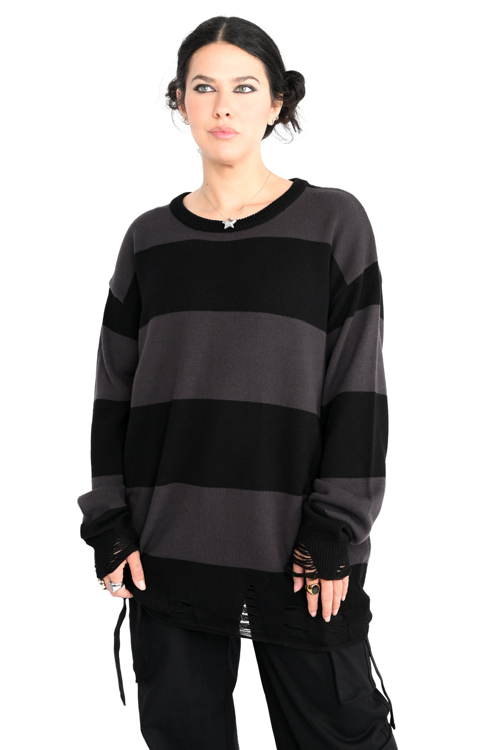 Unisex black and grey striped knit sweater with distressed hem