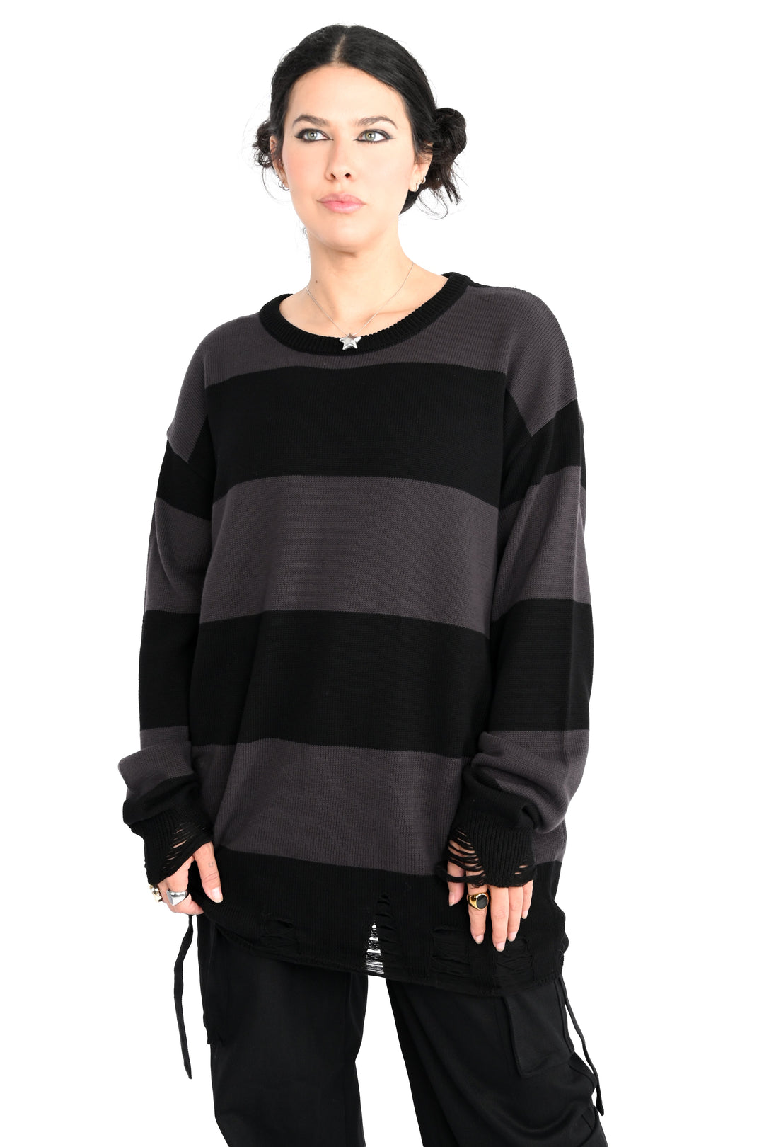 Unisex black and grey striped knit sweater with distressed hem