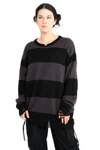 Unisex black and grey striped knit sweater with distressed hem