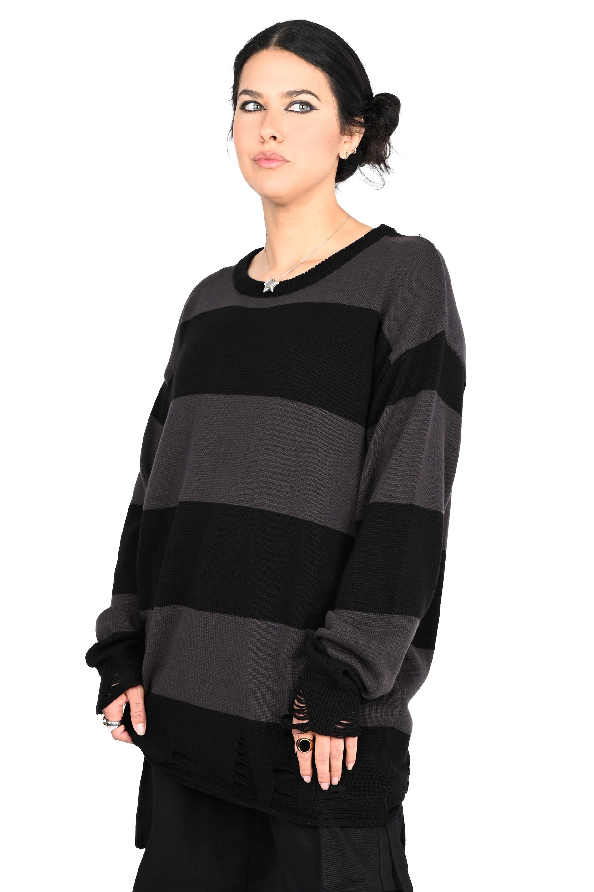 Unisex black and grey striped knit sweater with distressed hem