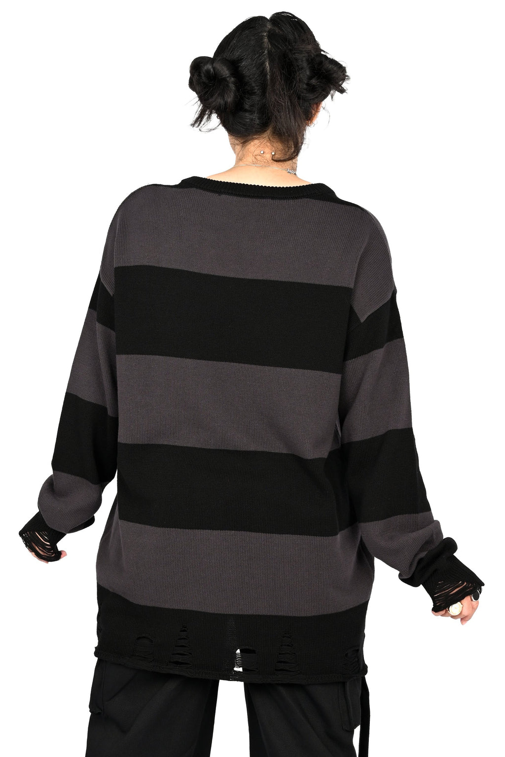 Unisex black and grey striped knit sweater with distressed hem