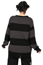 Unisex black and grey striped knit sweater with distressed hem