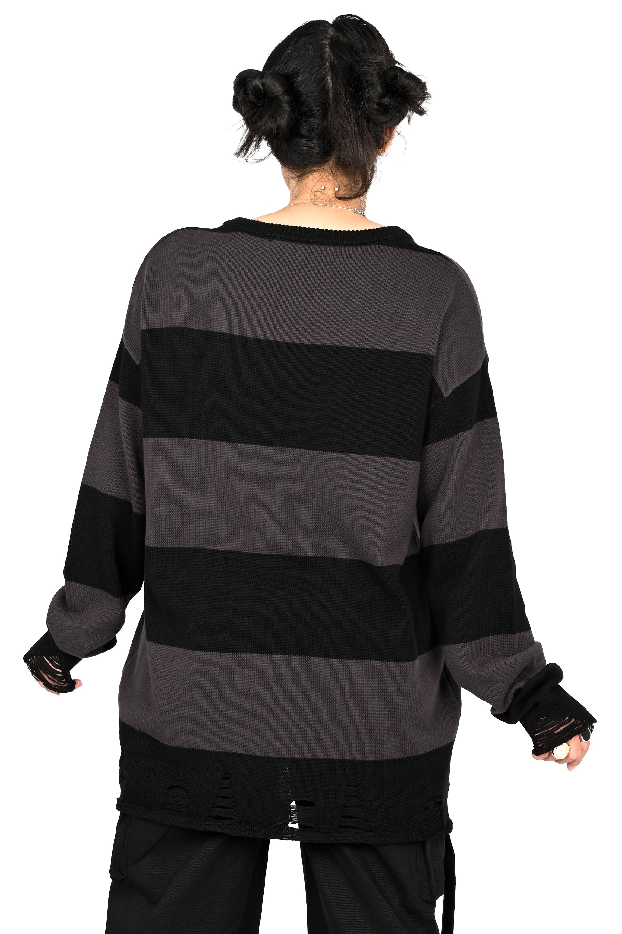 Unisex black and grey striped knit sweater with distressed hem