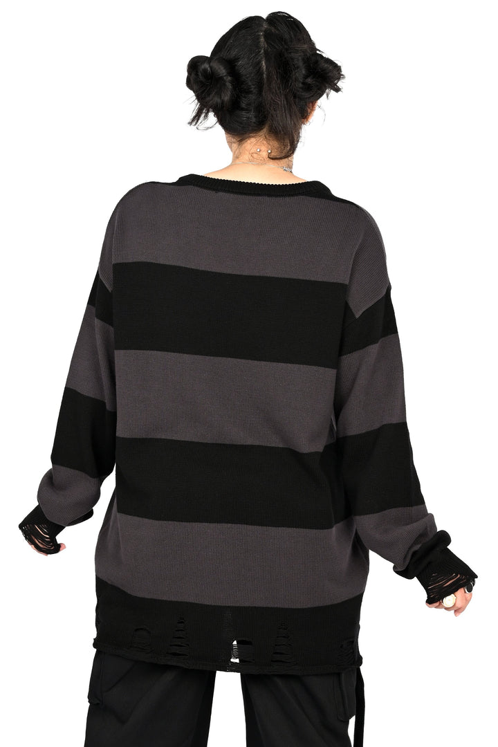 Unisex black and grey striped knit sweater with distressed hem