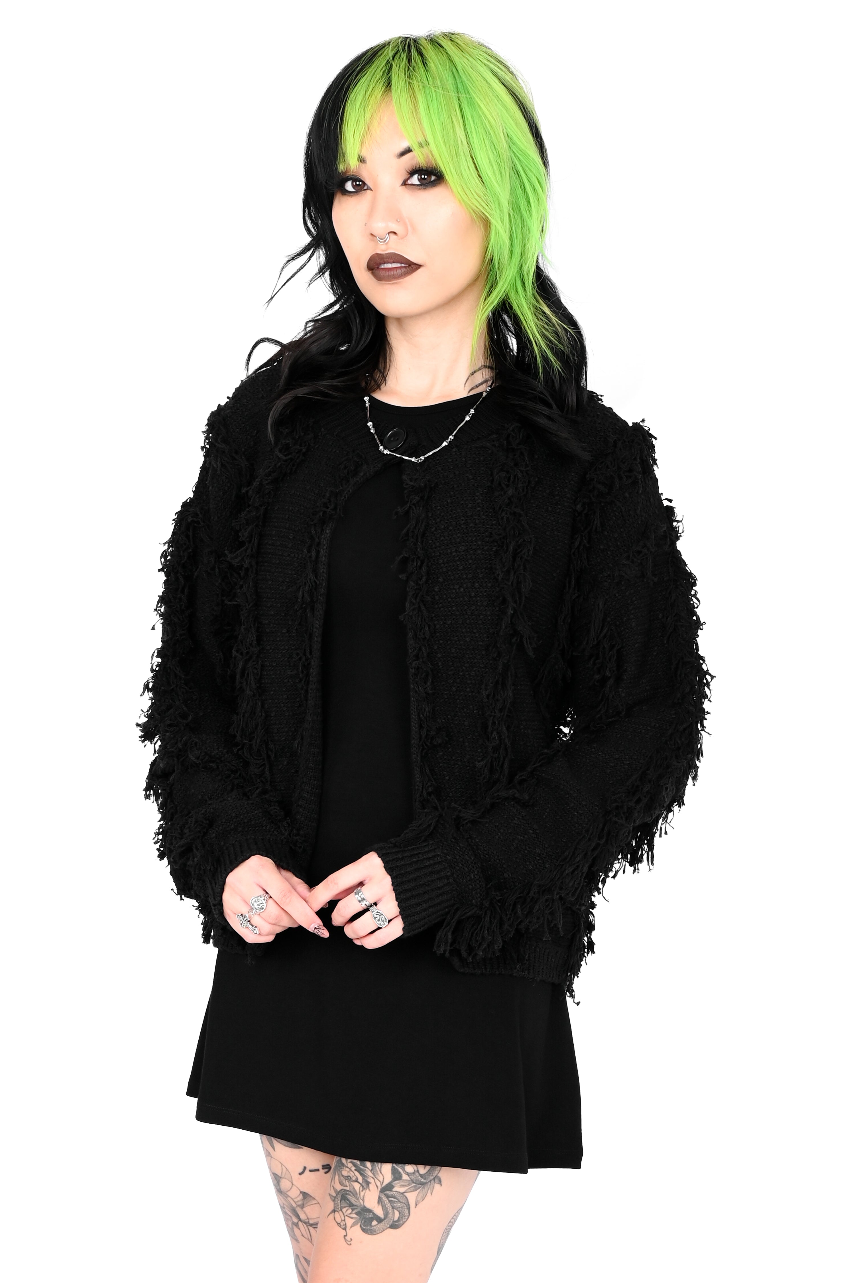 Women's black shaggy open-front cardigan with long sleeves
