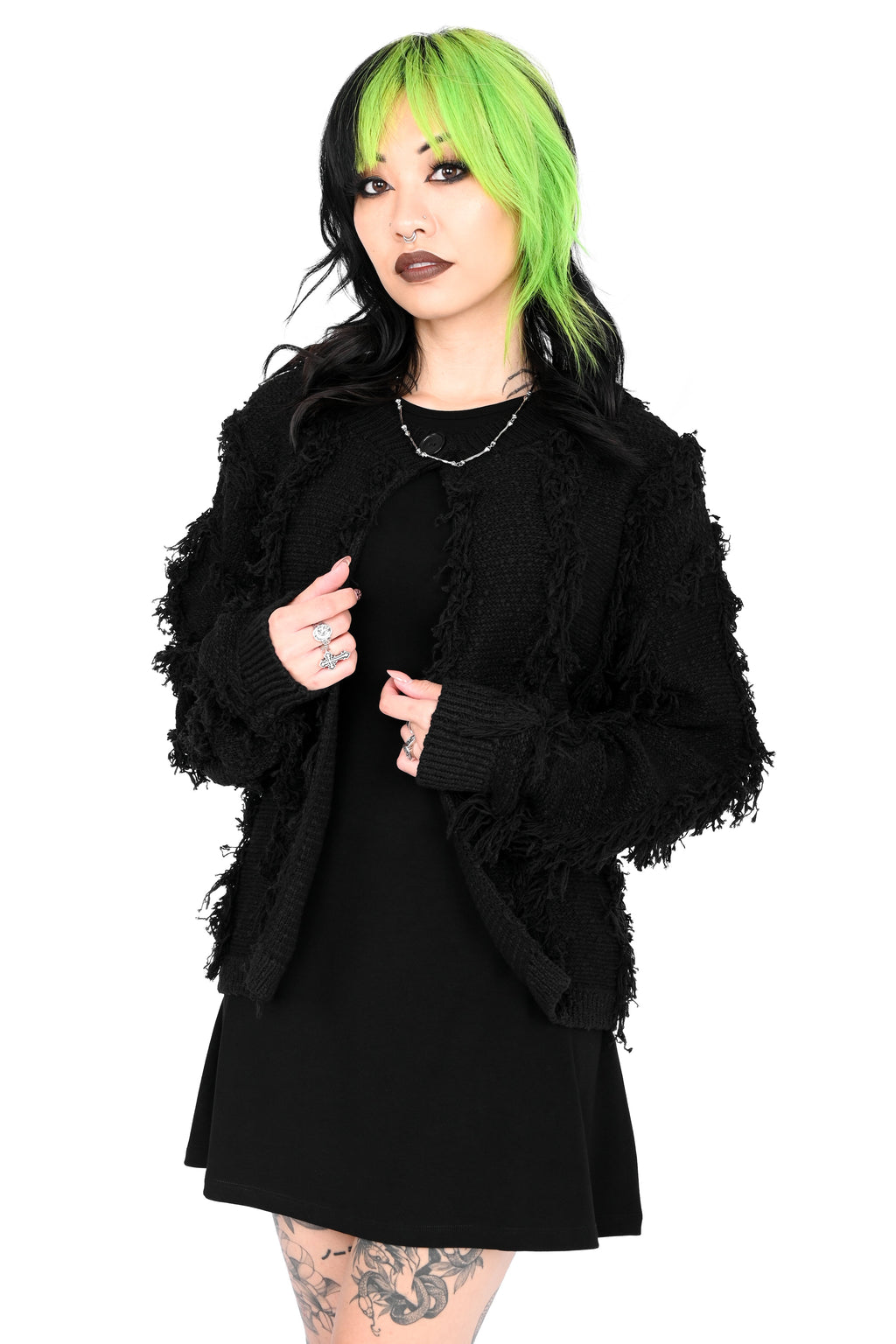 Women's black shaggy open-front cardigan with long sleeves