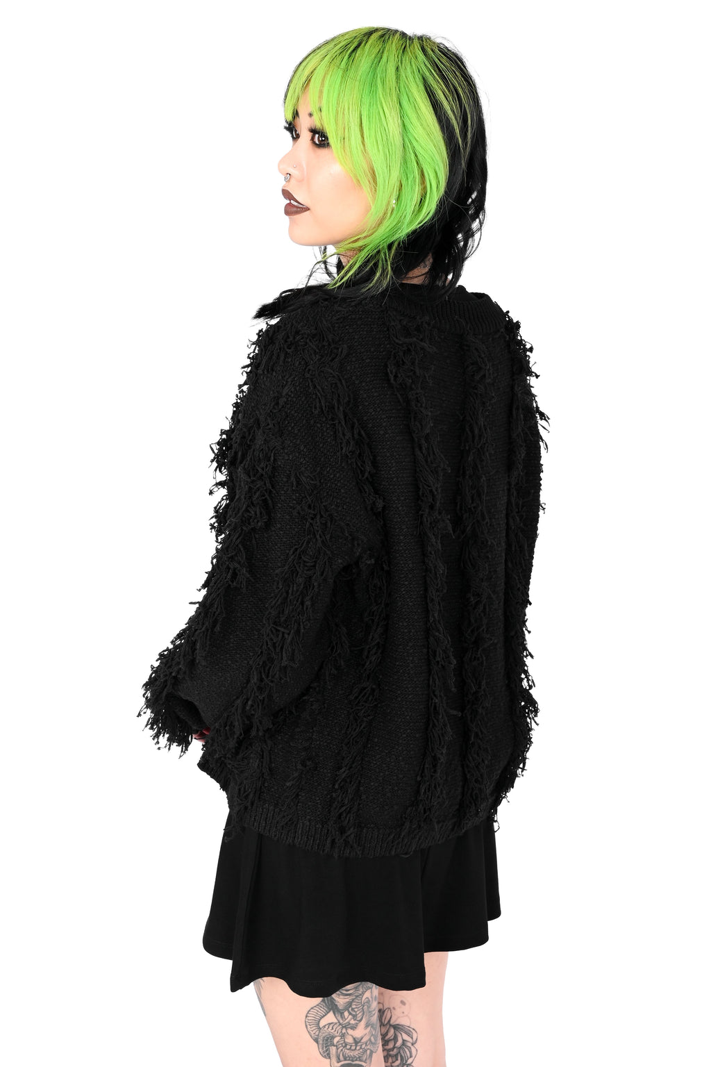 Women's black shaggy open-front cardigan with long sleeves
