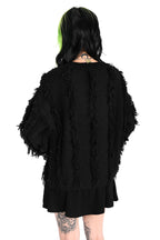 Women's black shaggy open-front cardigan with long sleeves
