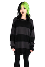 Unisex black and grey striped knit sweater with distressed hem