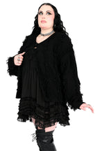 Women's black shaggy open-front cardigan with long sleeves