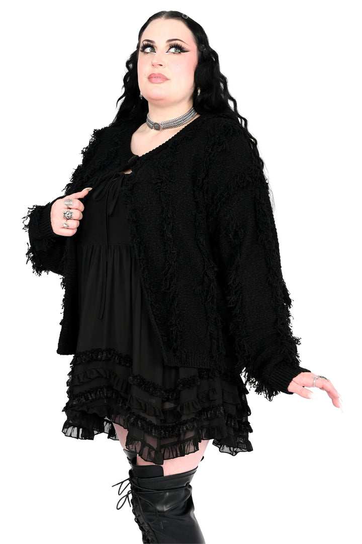 Women's black shaggy open-front cardigan with long sleeves