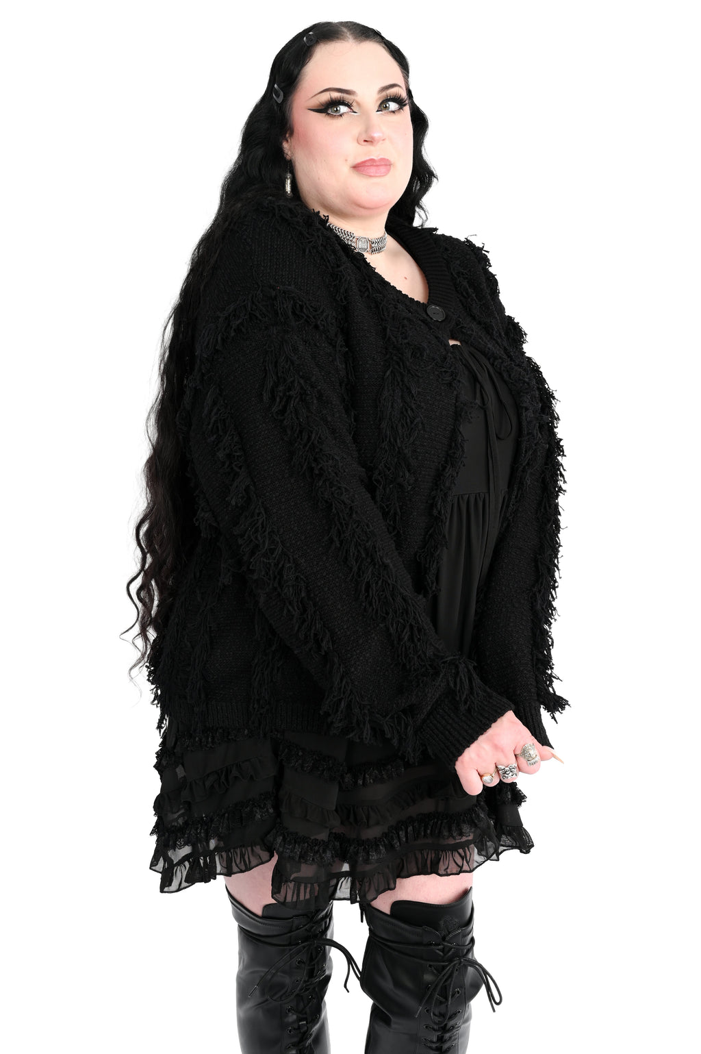 Women's black shaggy open-front cardigan with long sleeves