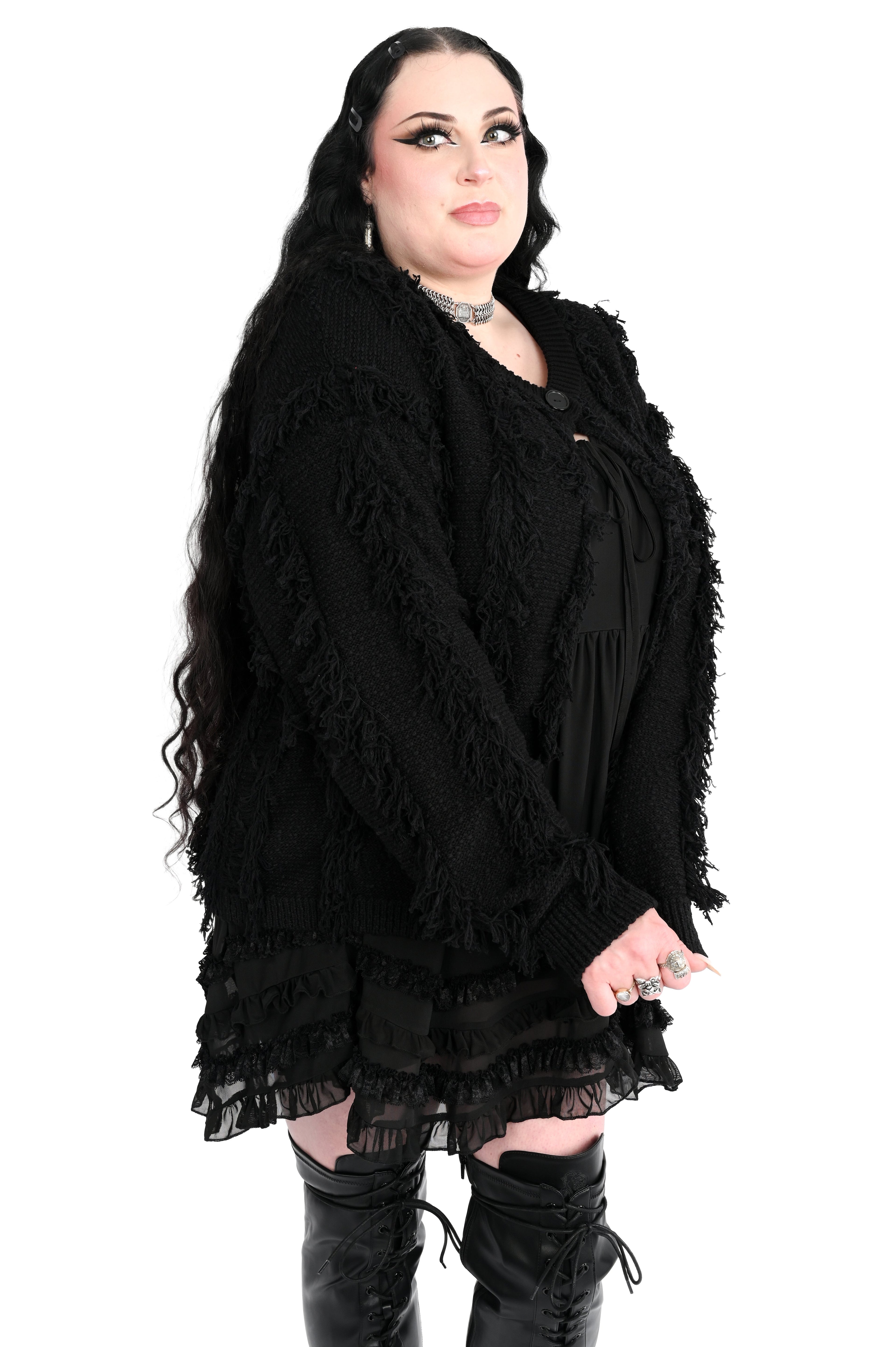 Women's black shaggy open-front cardigan with long sleeves