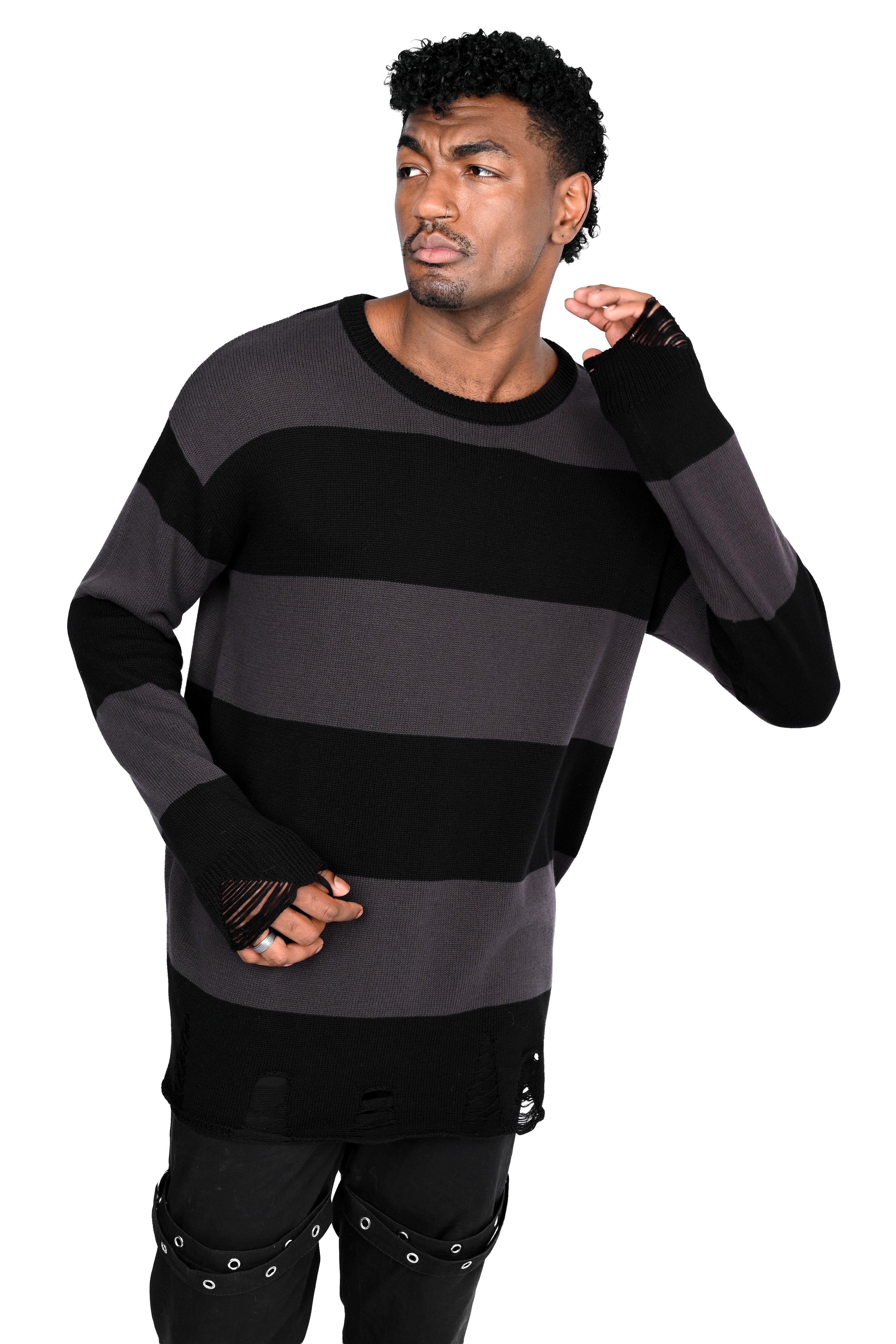 Unisex black and grey striped knit sweater with distressed hem