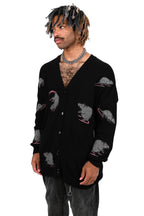 Black cardigan with repeated rat motifs and button front