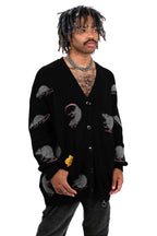 Black cardigan with repeated rat motifs and button front