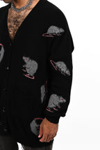 Black cardigan with repeated rat motifs and button front