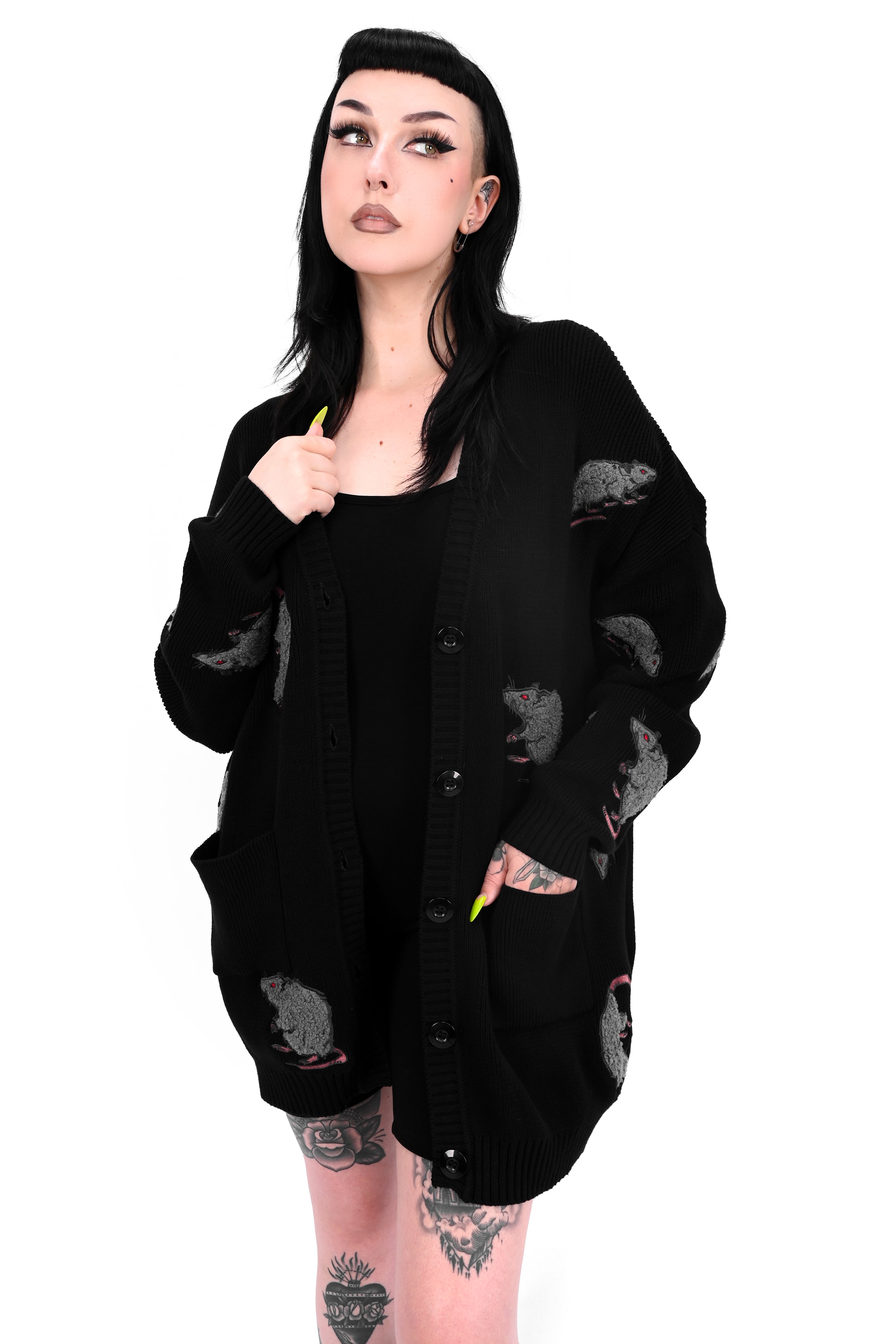 Black cardigan with repeated rat motifs and button front