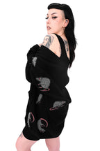 Black cardigan with repeated rat motifs and button front