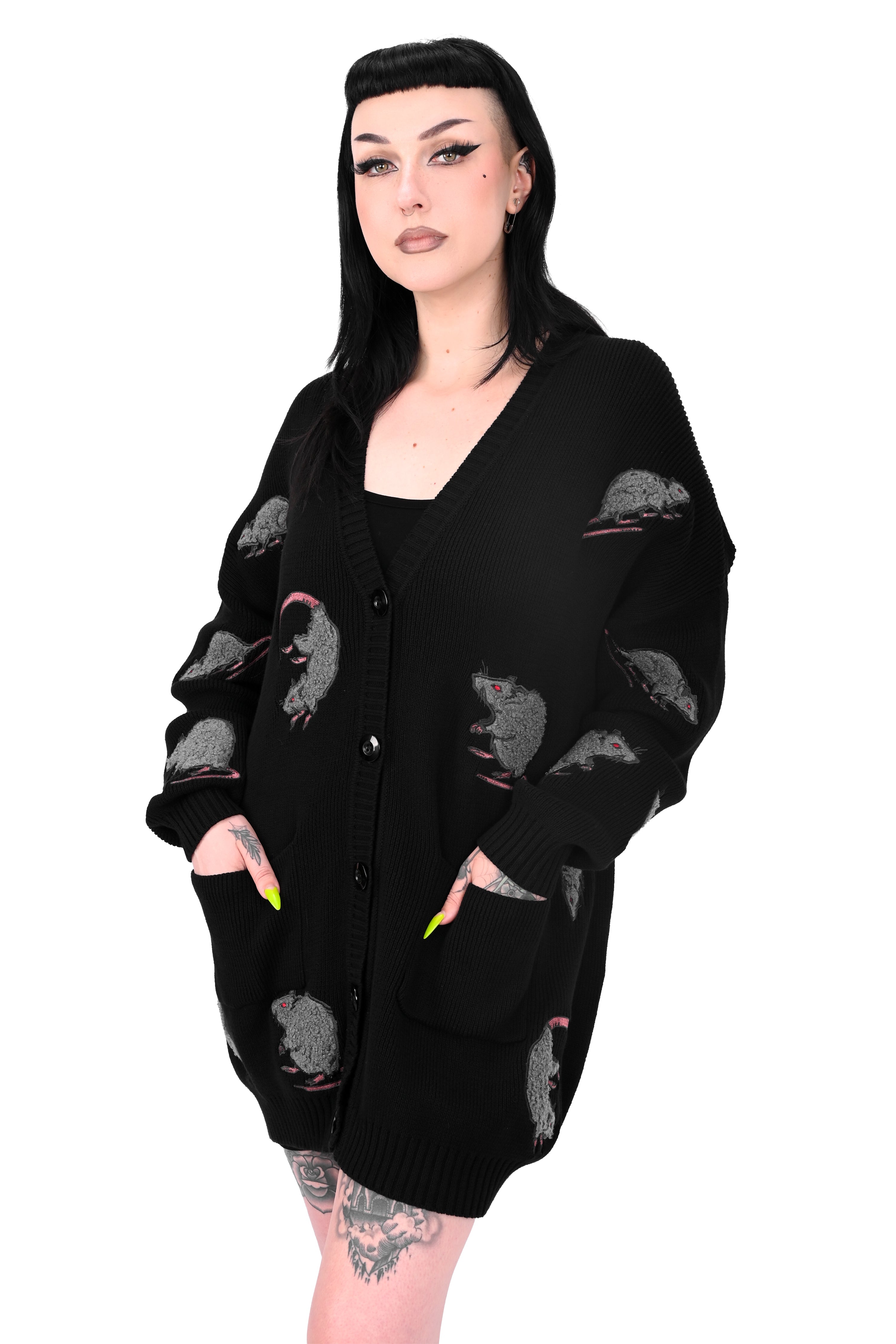 Black cardigan with repeated rat motifs and button front