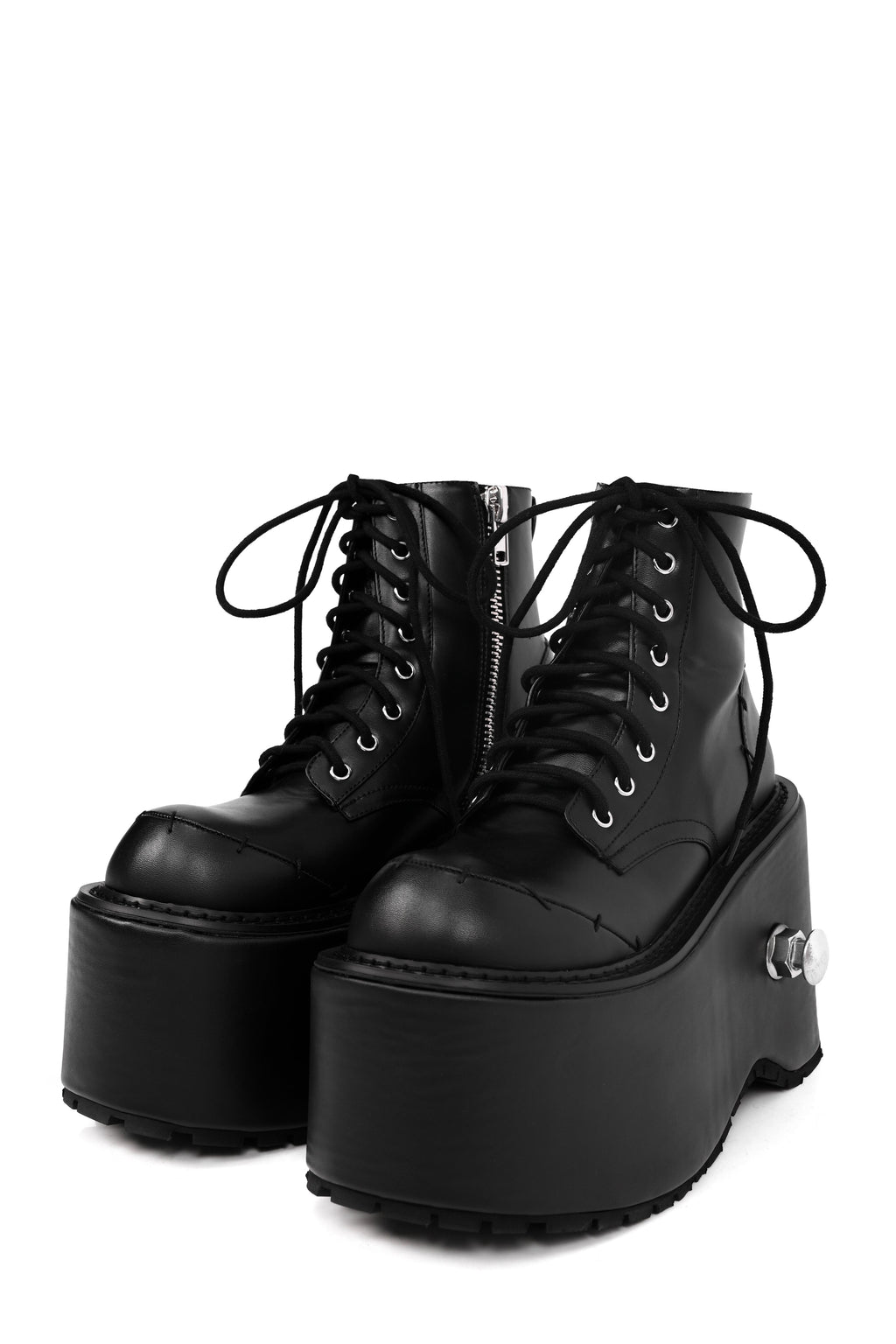 Women's black lace-up platform ankle boots with round toes
