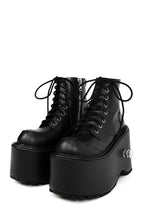 Women's black lace-up platform ankle boots with round toes