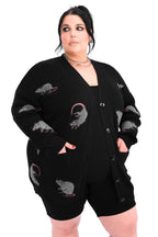 Black cardigan with repeated rat motifs and button front