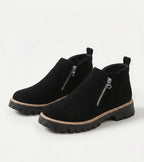 Women's ankle boots with side zips, rounded toes and chunky lug soles
