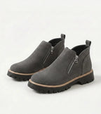 Women's ankle boots with side zips, rounded toes and chunky lug soles