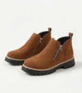 Women's ankle boots with side zips, rounded toes and chunky lug soles