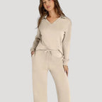 Women's knitted V-neck lounge set with wide-leg trousers